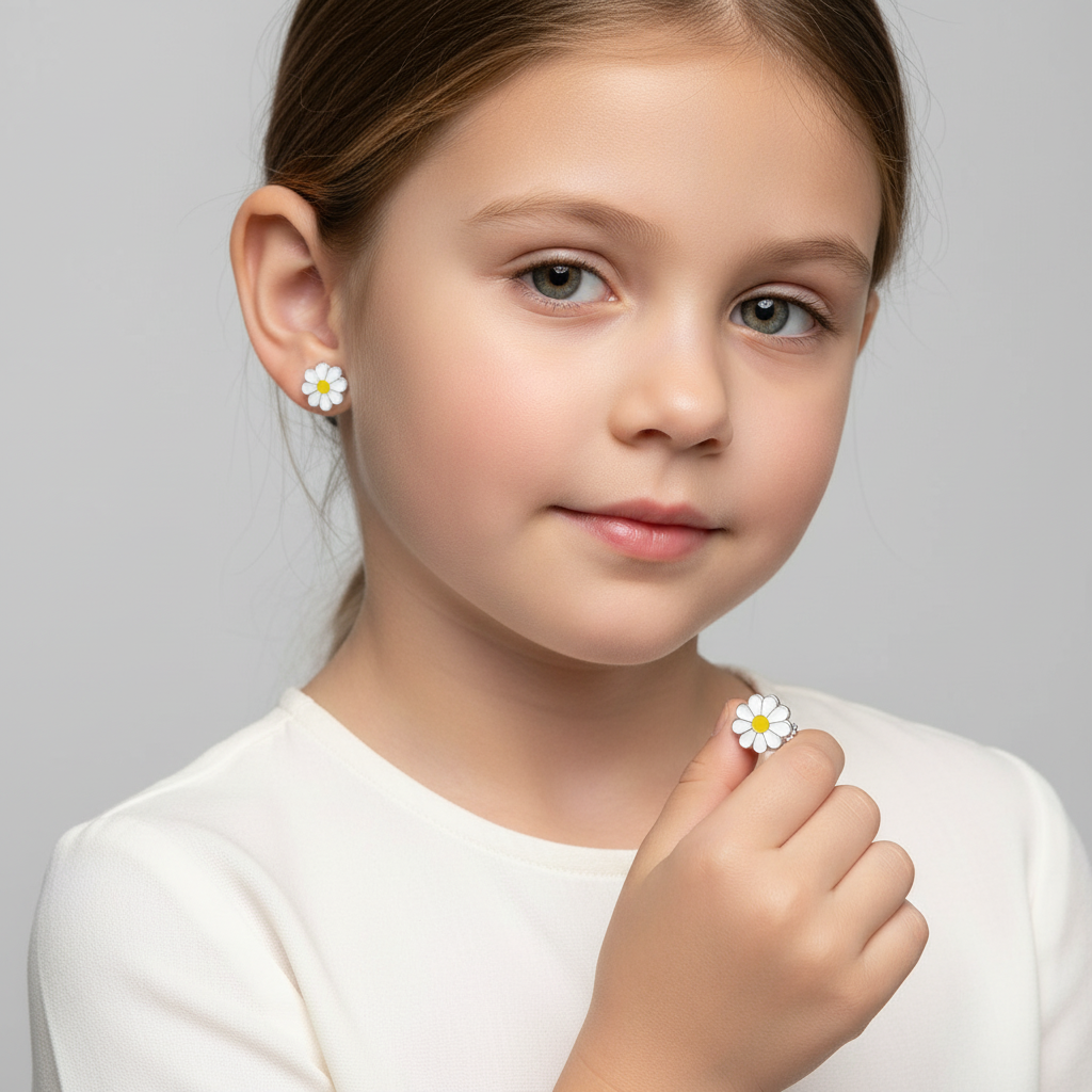 Little girl wearing Melchior Jewellery kids screw back flower earrings with white petals and yellow centres