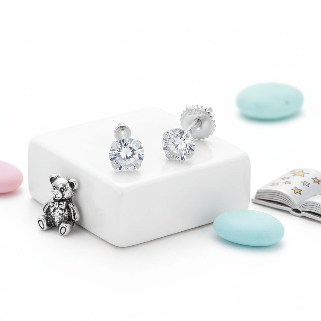 Kids screw back silver stud earrings with clear stones by Melchior Jewellery for children