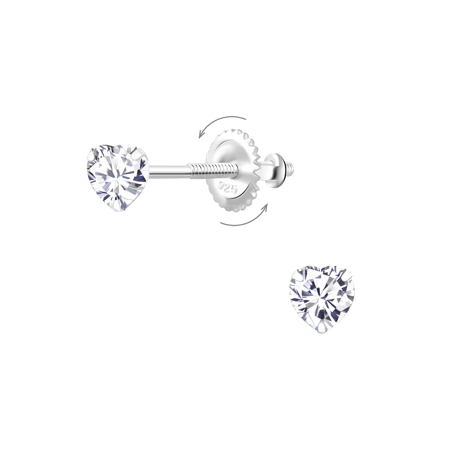 Melchior Jewellery kids screw back stud earrings with heart-shaped clear gemstones in silver