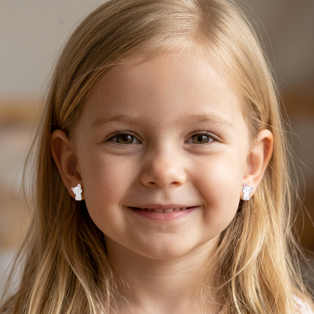 Smiling young girl wearing Melchior Jewellery kids silver cat screw back earrings in shiny silver finish