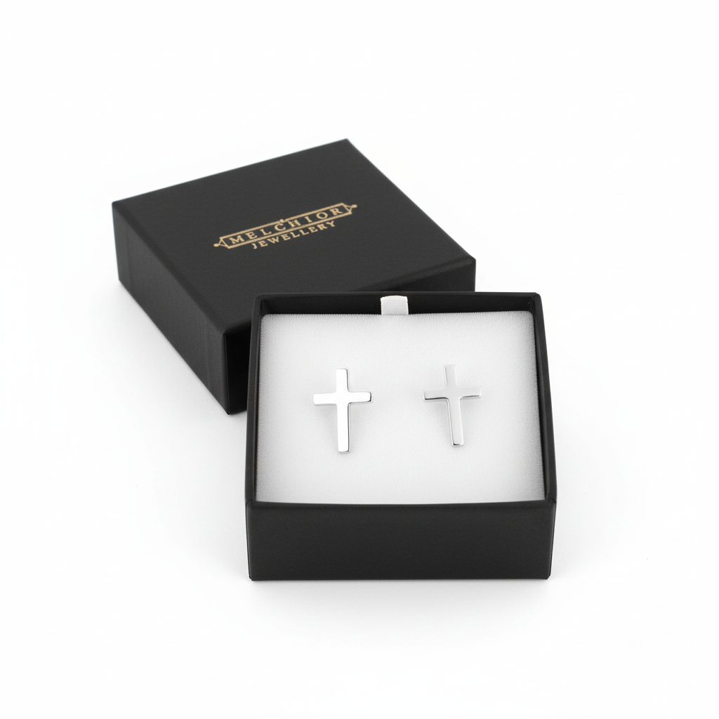 Kids silver cross stud earrings by Melchior Jewellery in black gift box for children