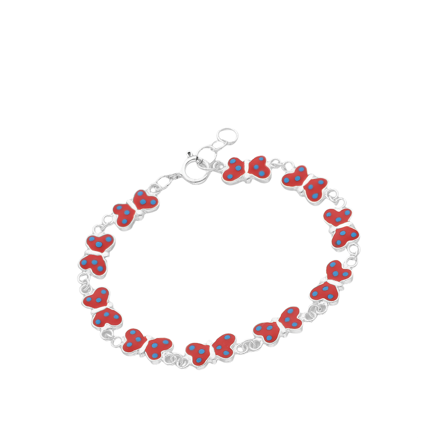 Melchior Jewellery kids Silver Red Spotted Butterfly Bracelet with linked butterfly charms on silver chain