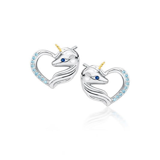 Melchior Jewellery kids silver unicorn stud earrings with blue gem eyes and light blue crystals