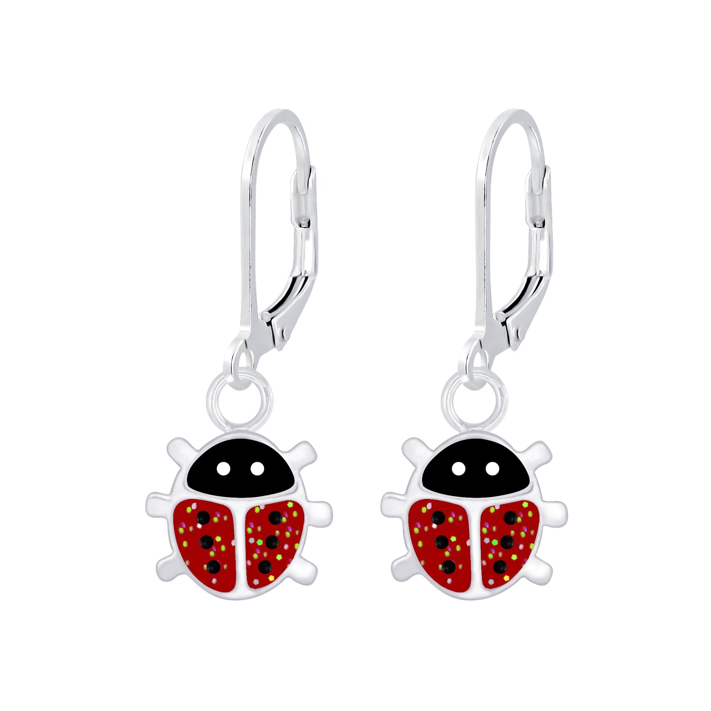 Melchior Jewellery kids sparkly ladybird leverback earrings with red and black enamel design