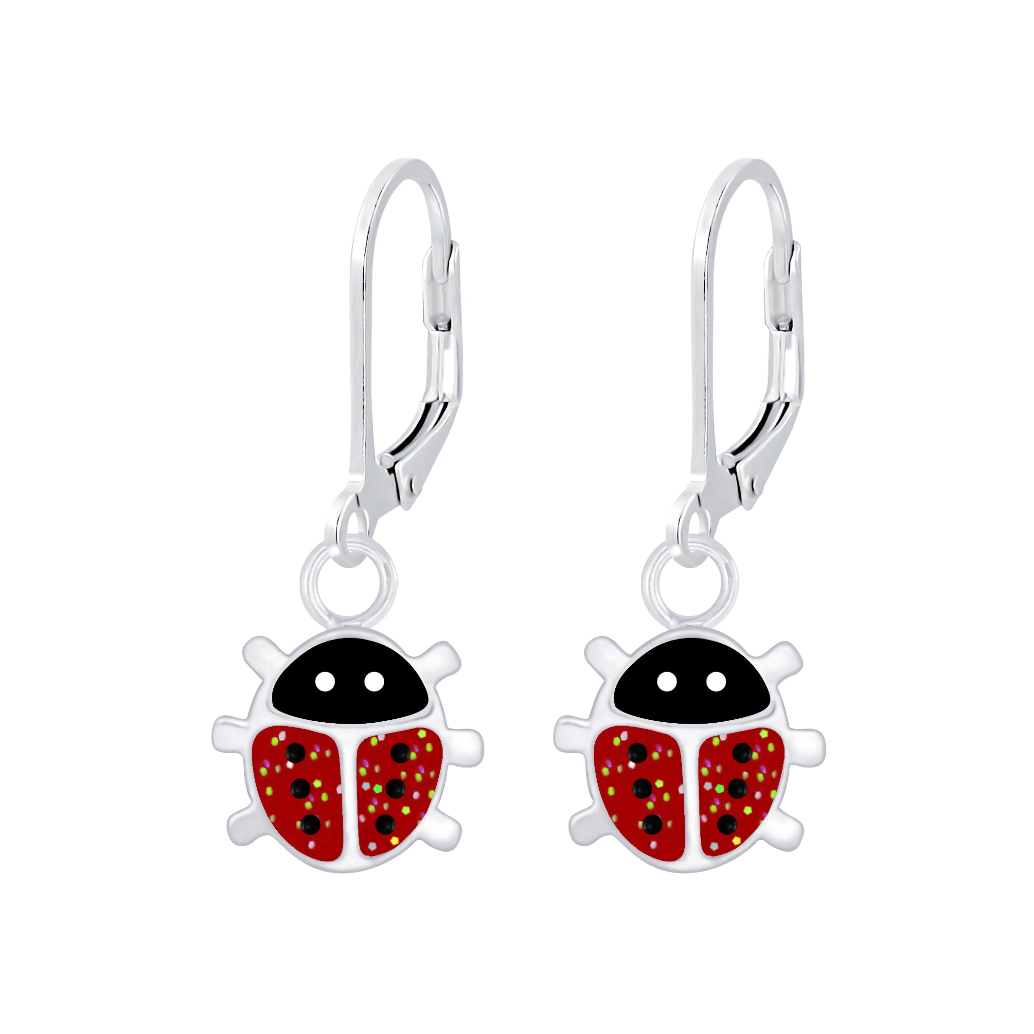 Melchior Jewellery kids sparkly ladybird leverback earrings with red and black enamel design