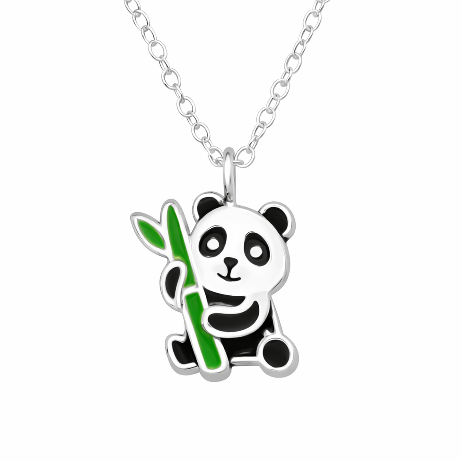 Kids Sterling Silver Cute Panda Bear Necklace by Melchior Jewellery featuring a black and white panda holding a green bamboo stalk
