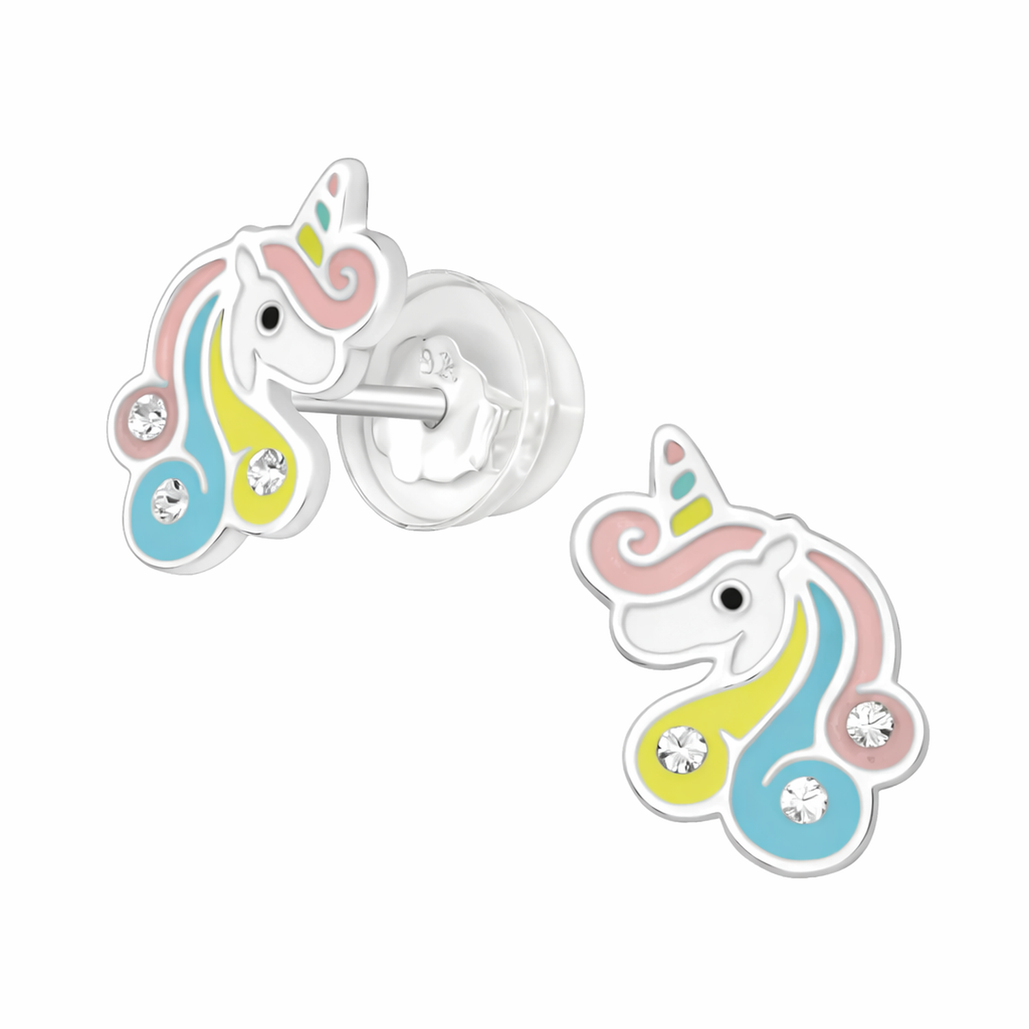 Kids Sterling Silver CZ Unicorn Stud Earrings with pink, yellow, and blue enamel and sparkling cubic zirconia stones