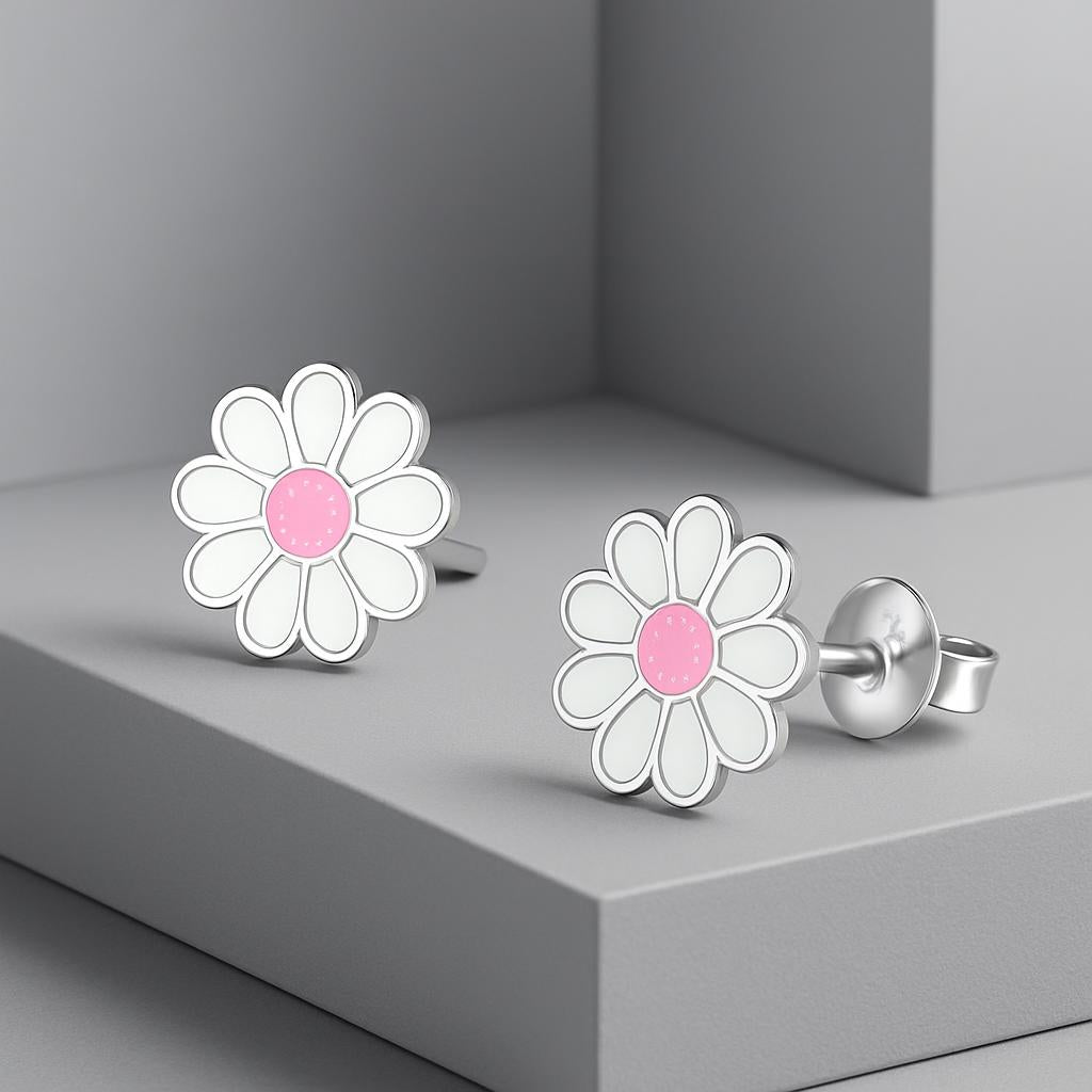 Melchior Jewellery kids sterling silver flower studs with white petals and pink centre for children