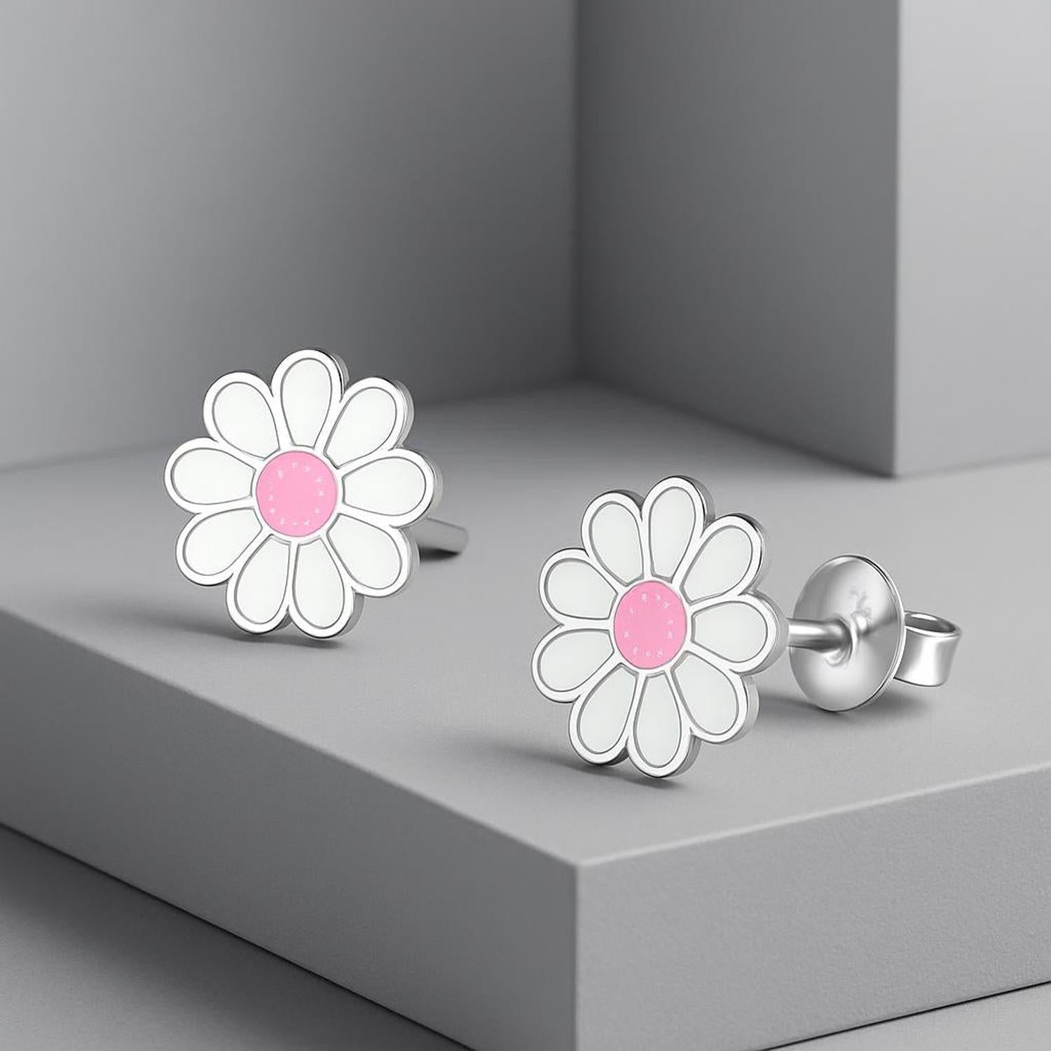 Melchior Jewellery kids sterling silver flower studs with white petals and pink centre for children