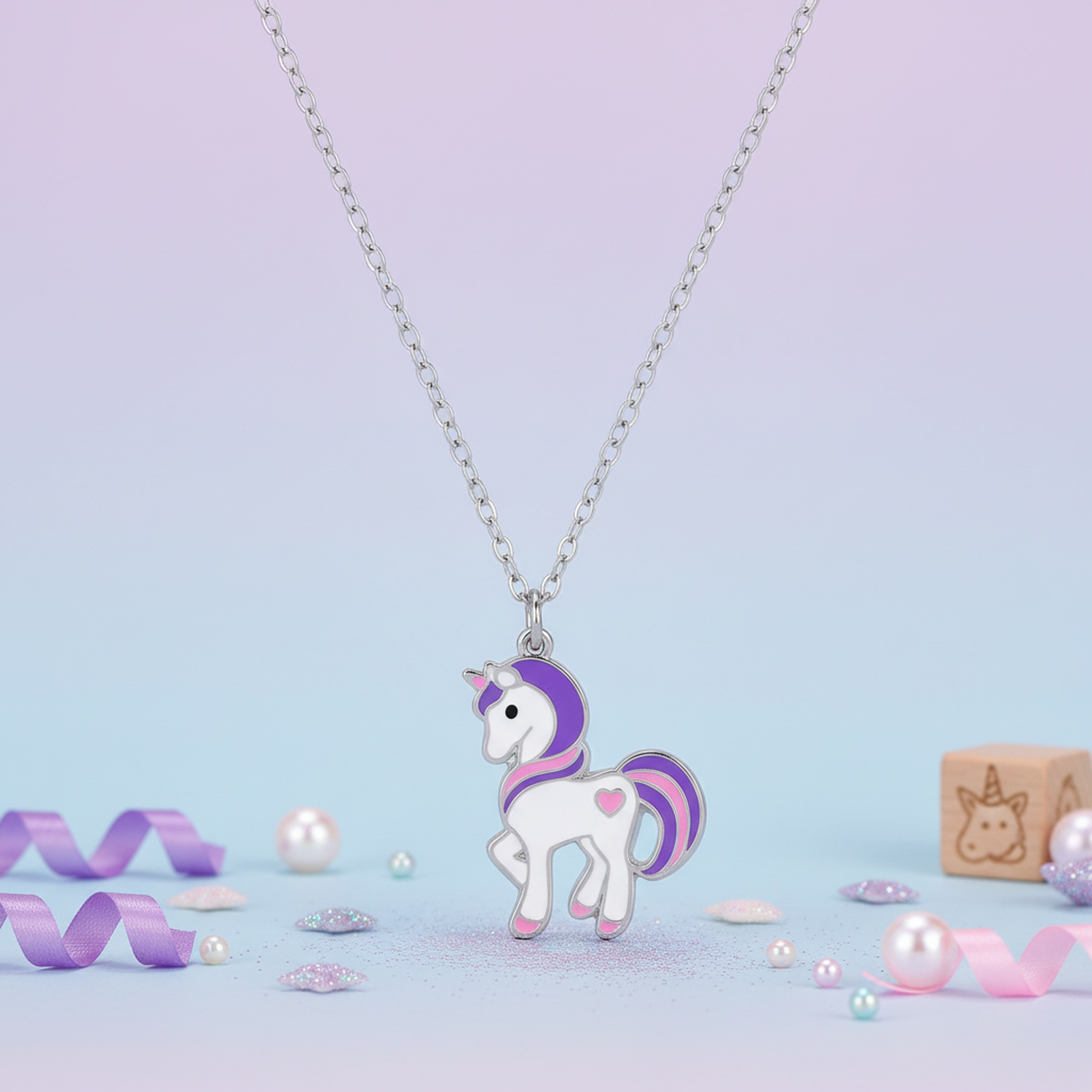 Melchior Jewellery kids unicorn pendant silver necklace with purple and pink accents on chain
