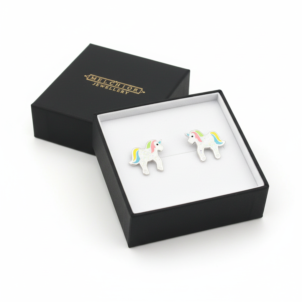 Melchior Jewellery kids white glitter unicorn stud earrings in black gift box for children