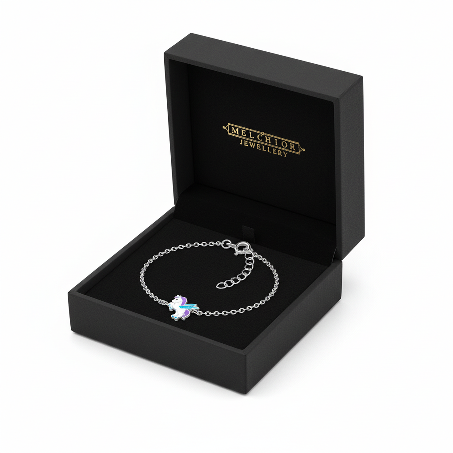 Kids winged unicorn charm bracelet by Melchior Jewellery displayed in black gift box