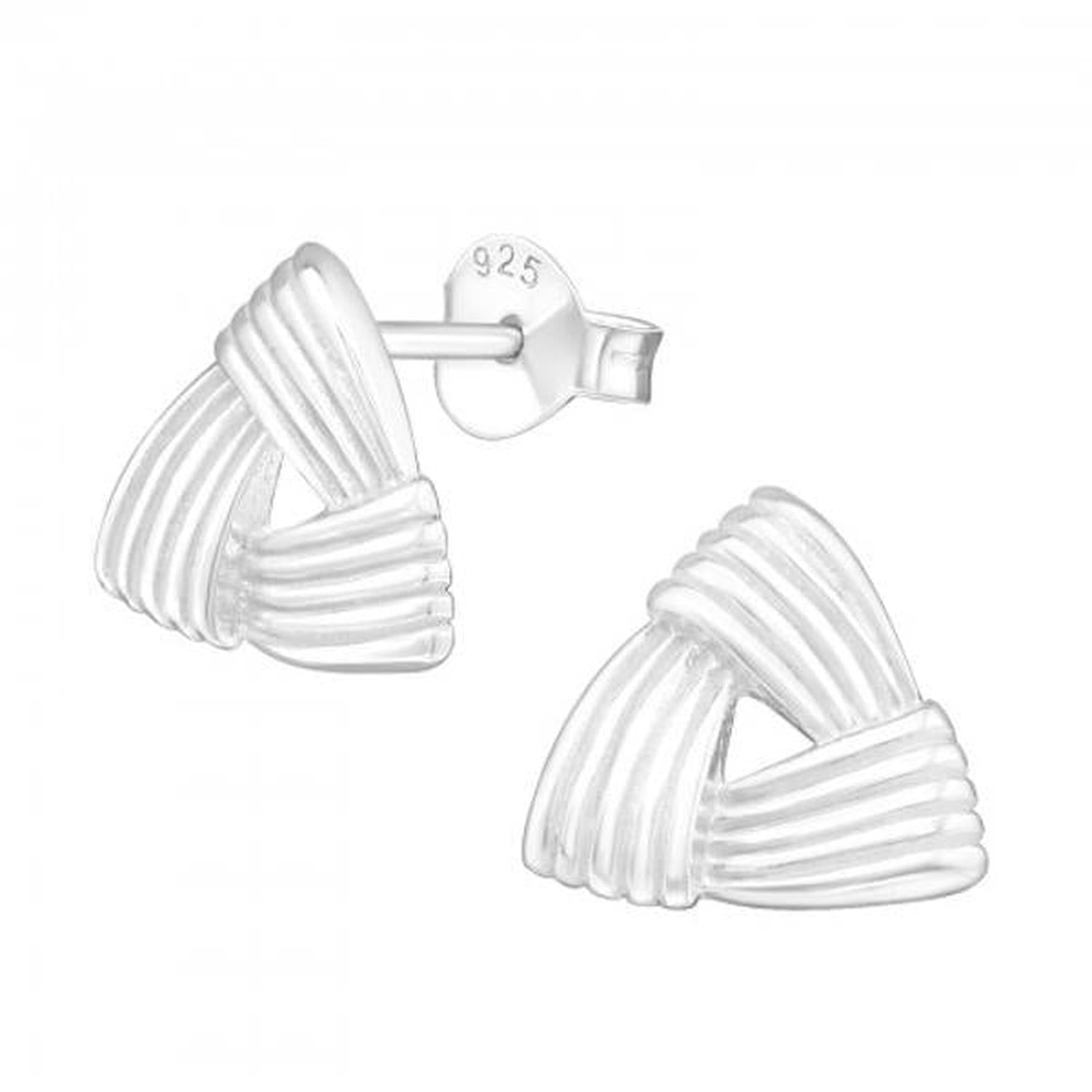 Silver Melchior Jewellery Knot Triangle Stud Earrings with ribbed texture and polished finish