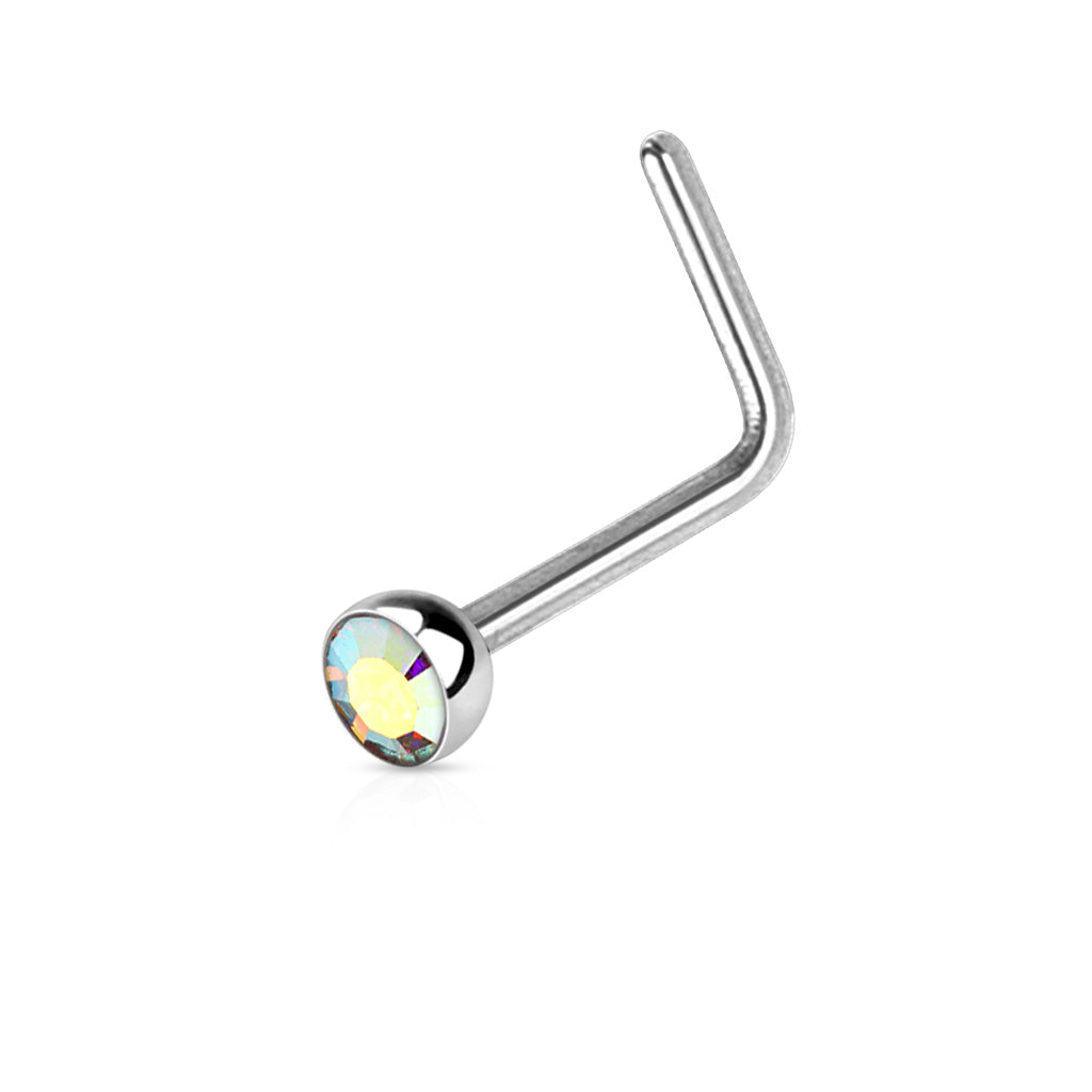 Melchior Jewellery L shaped nose ring with gemstone in silver bezel set iridescent crystal for subtle sparkle