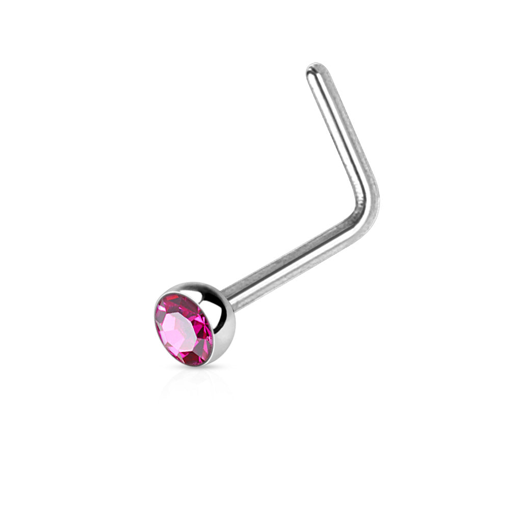 Melchior Jewellery L shaped nose ring with gemstone in surgical steel with pink round crystal