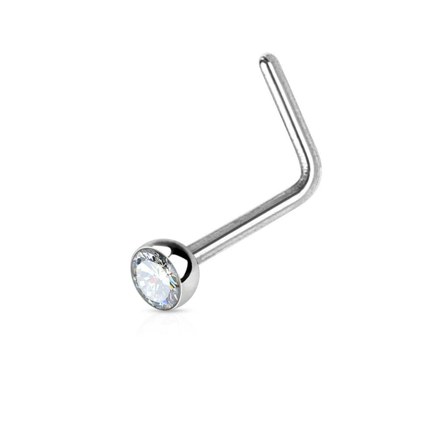 Melchior Jewellery L shaped nose ring with gemstone silver bezel set clear crystal nose stud