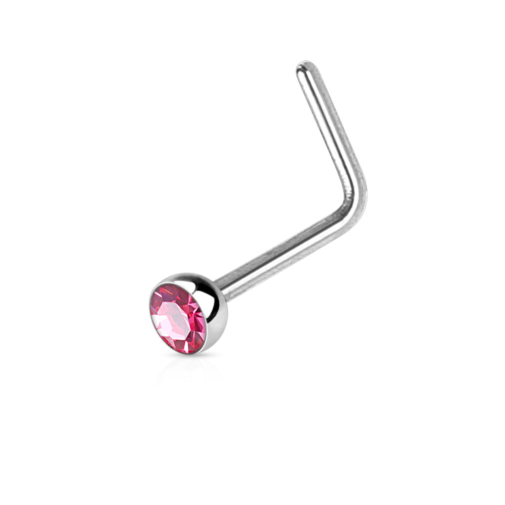 Melchior Jewellery L shaped nose ring with gemstone pink crystal set in surgical steel stud