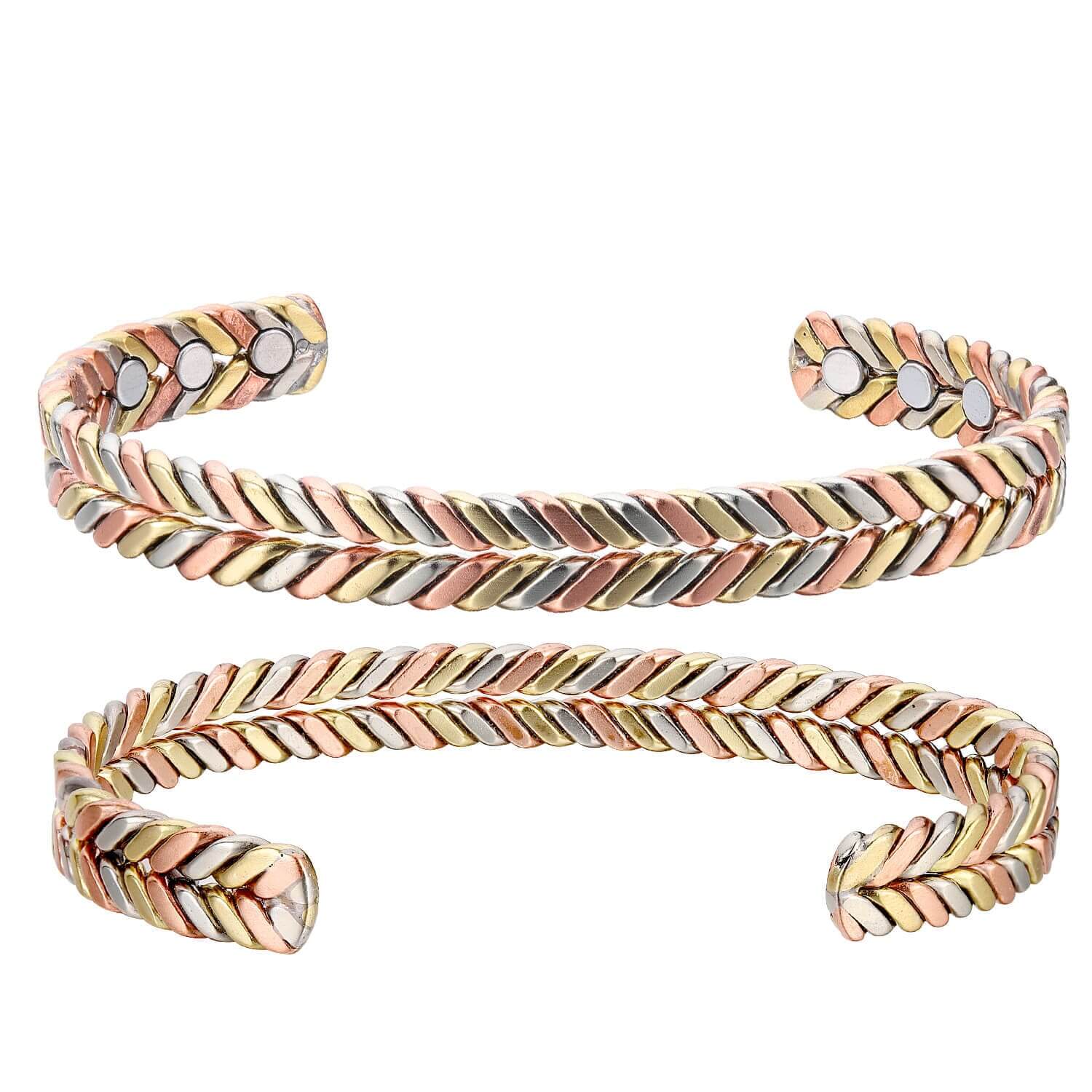 Melchior Jewellery ladies copper magnetic therapy bangle in tri tone braided cuff style with visible magnets