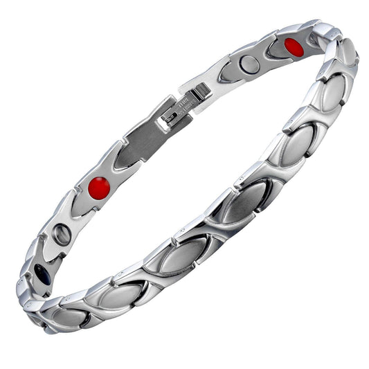 Melchior Jewellery ladies silver titanium magnetic bracelet slim link design with red and black therapy inserts