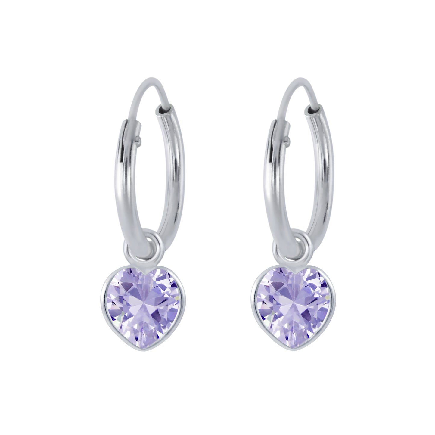 Melchior Jewellery lavender heart hoop earrings for kids with silver hoops and purple heart charms