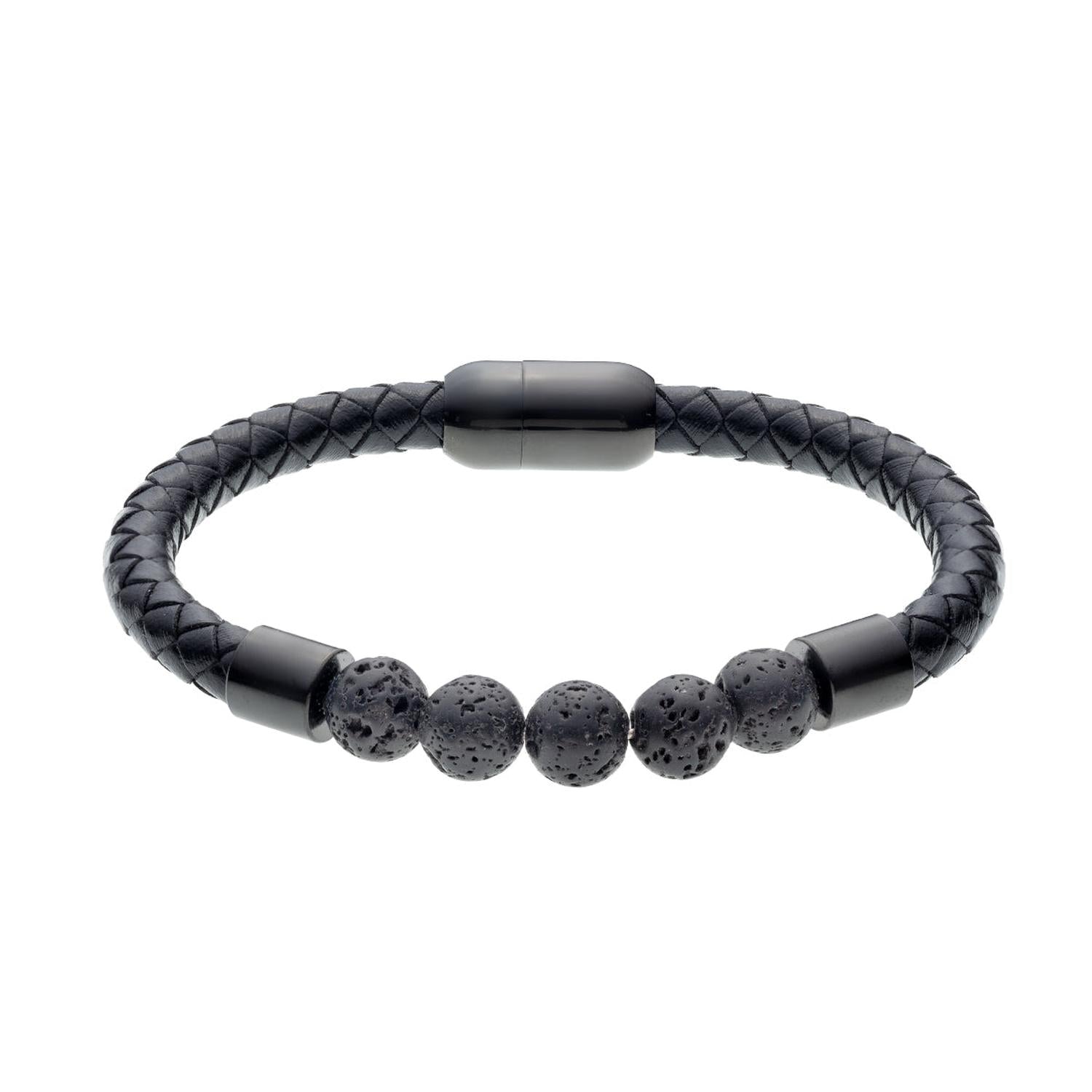Black leather bracelet with lava stones by Melchior Jewellery featuring braided design and magnetic clasp