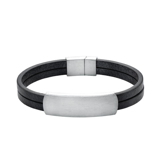 Melchior Jewellery black leather bracelet with steel clasp featuring a sleek double strap design