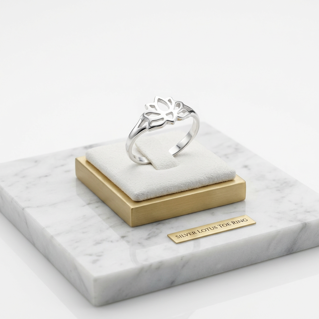 Silver lotus toe ring with open adjustable design displayed on white cushion and gold base by Melchior Jewellery