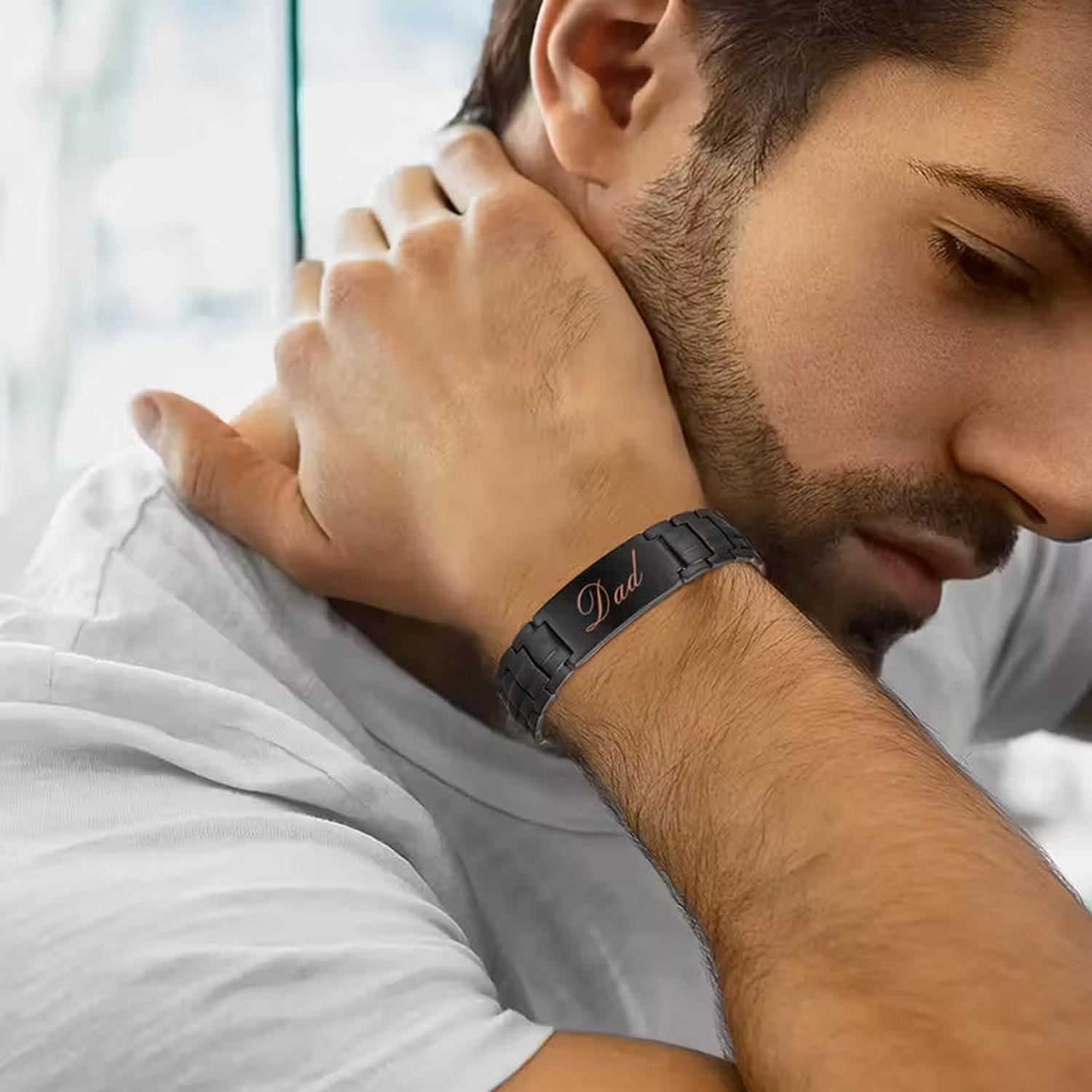 Melchior Jewellery magnetic copper bracelet for dad worn by a man in a white shirt close up