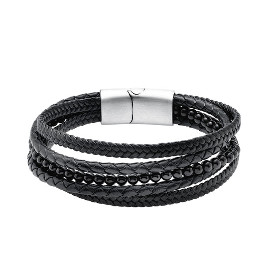 Sentiell mens braided leather bracelet with stones black multi strand wrap with polished black stone beads and silver clasp
