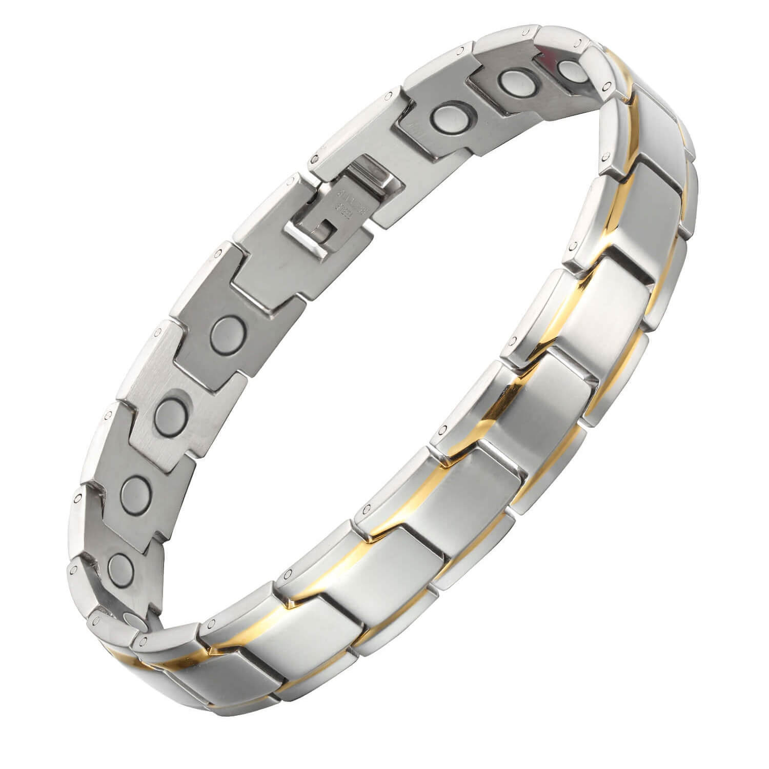 Melchior Jewellery mens gold and silver magnetic bracelet with stainless steel links and gold centre stripe