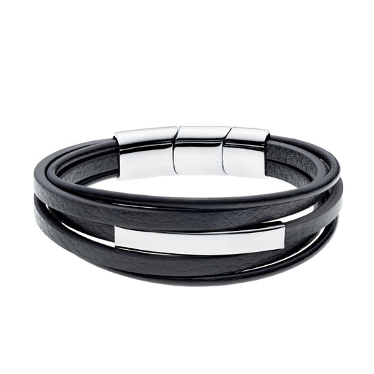Sentiell mens leather and steel bracelet black multi strand leather with polished steel clasp and plate