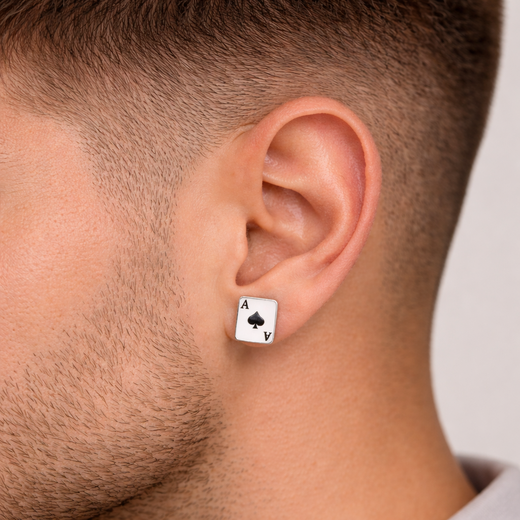 Mens single stud playing card earring worn on ear showing ace of spades design by Melchior Jewellery