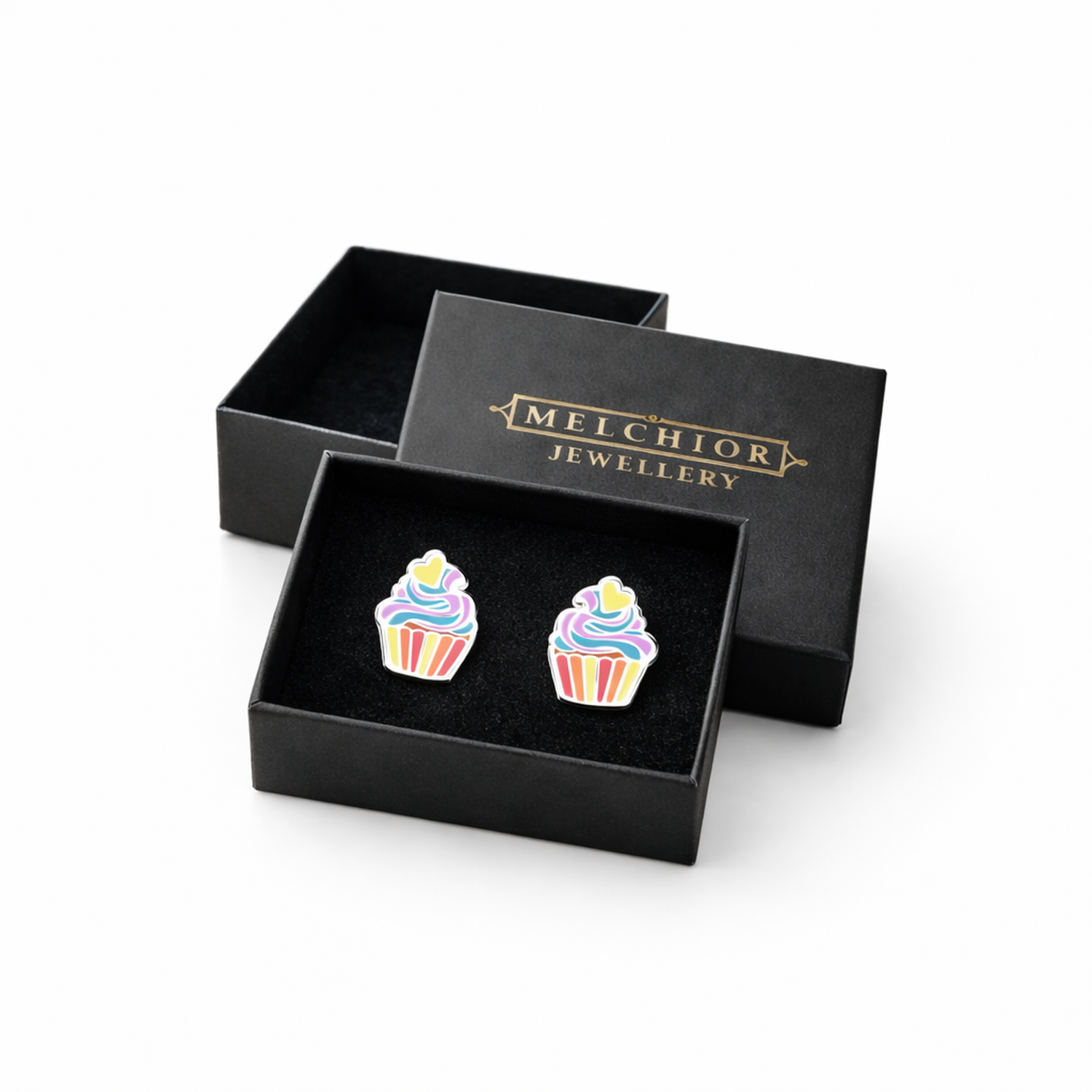 Melchior Jewellery multicolour kids cupcake stud earrings in black gift box for children