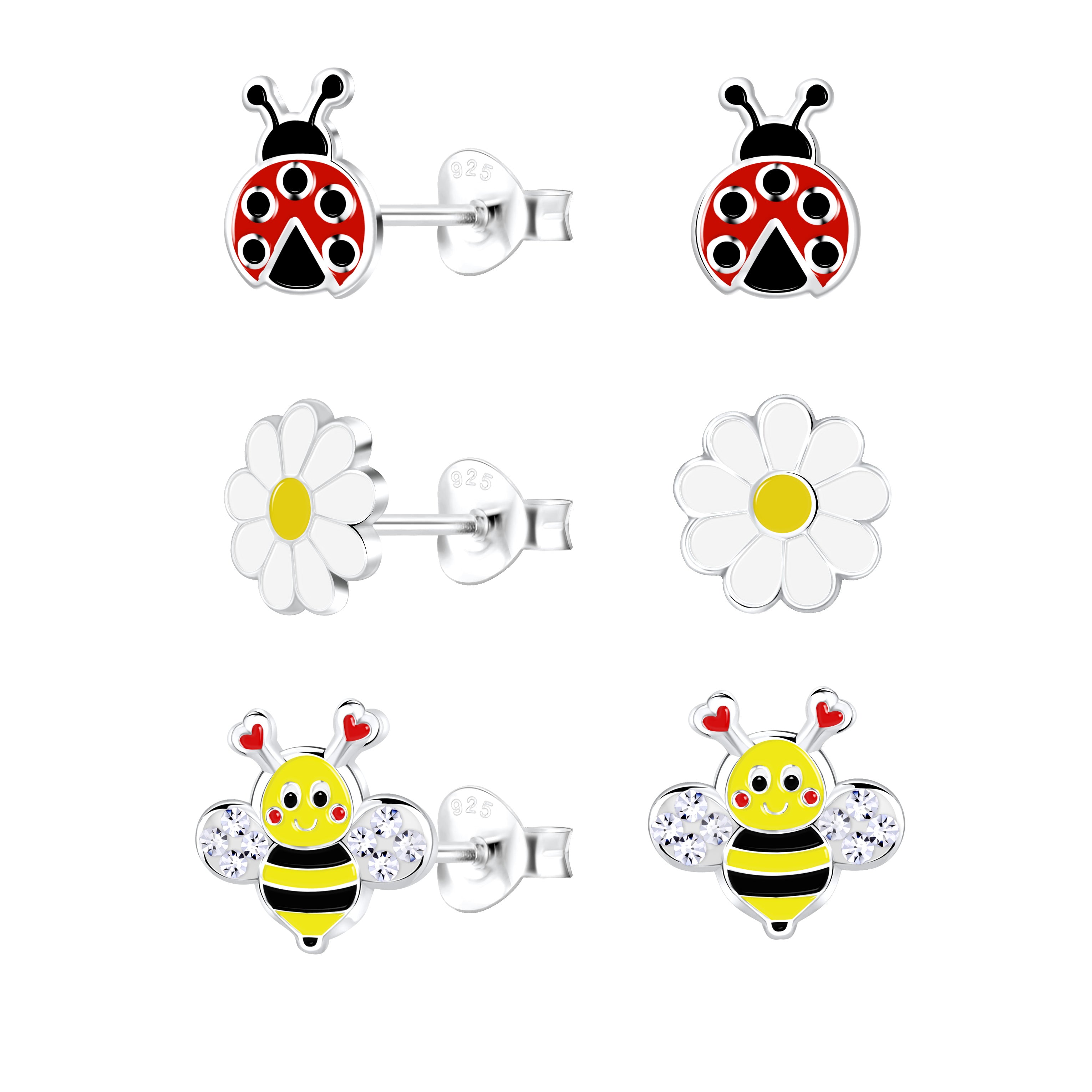 Melchior Jewellery nature themed earrings for children featuring ladybird, daisy, and bee designs