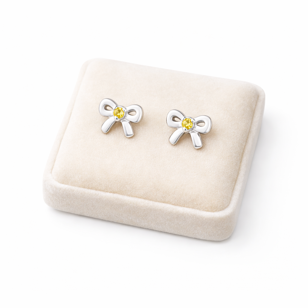 Melchior Jewellery silver bow stud November birthstone earrings for girls with yellow gemstones