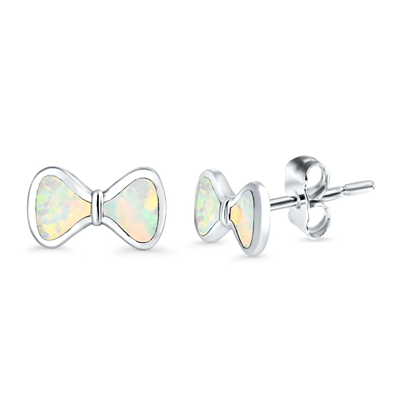 Silver Melchior Jewellery Opal Bow Stud Earrings featuring iridescent white opal in a bow shape with butterfly backs