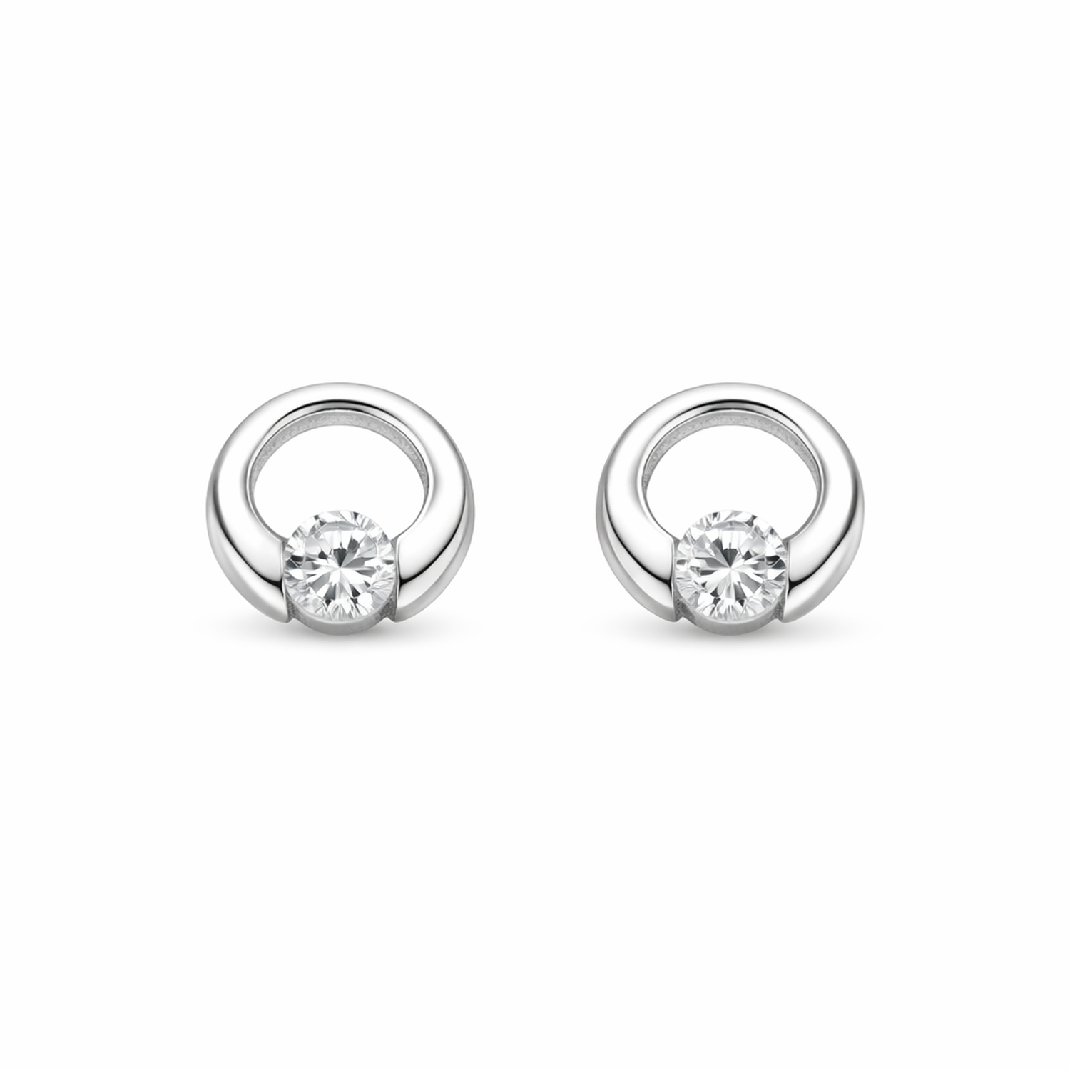Melchior Jewellery open disc stud earrings for women with a central clear gemstone in silver finish