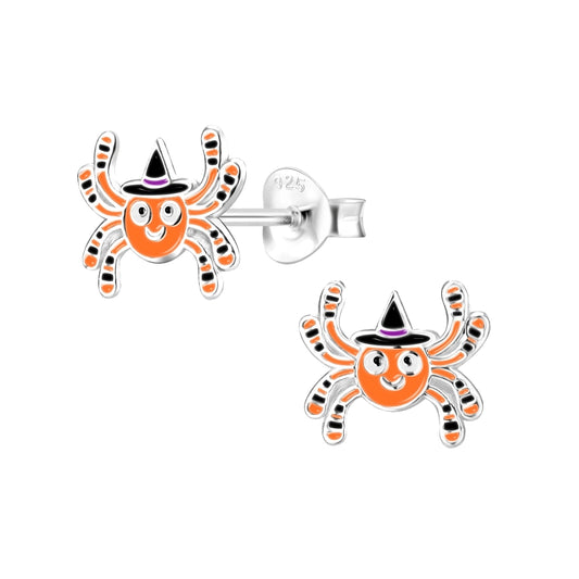 Orange spider stud earrings for kids by Melchior Jewellery featuring cute spiders wearing black witch hats