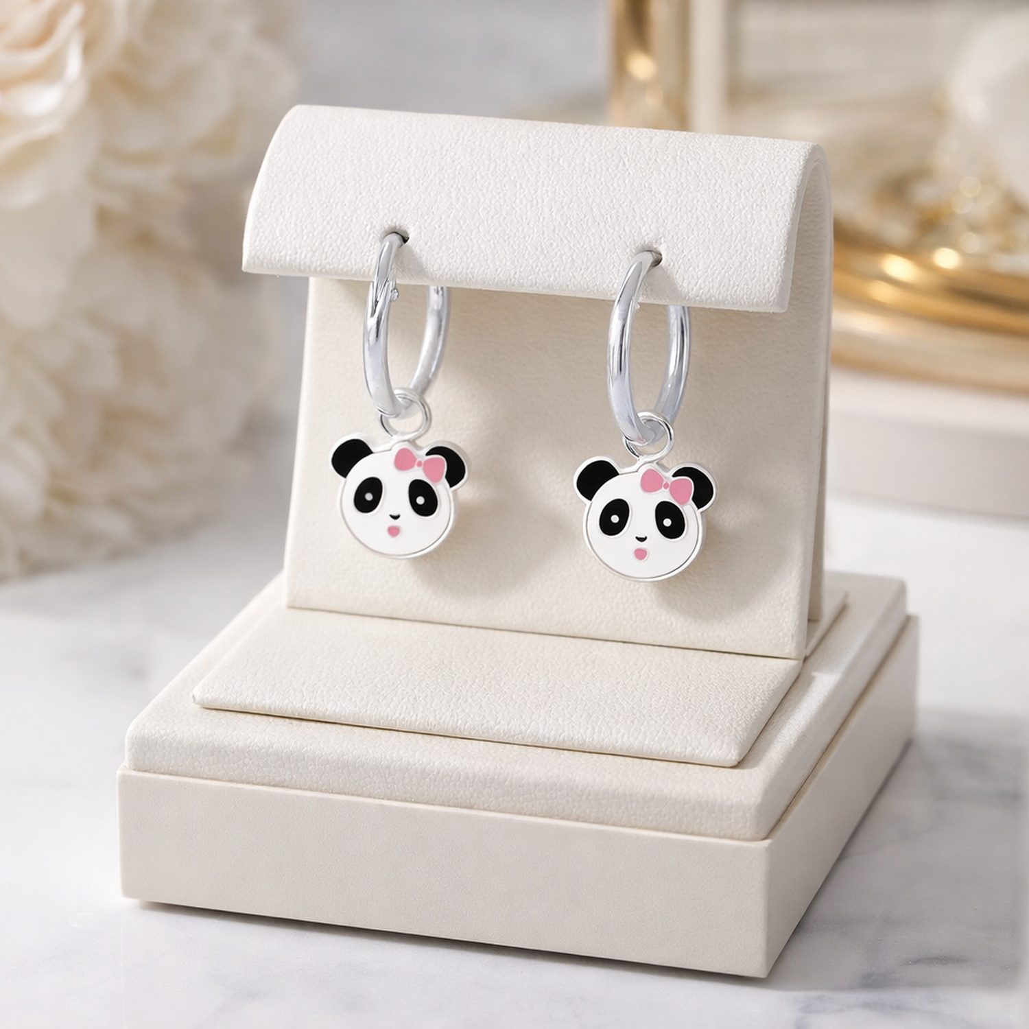 Melchior Jewellery panda bear earrings for girls with silver hoops and cute panda charms
