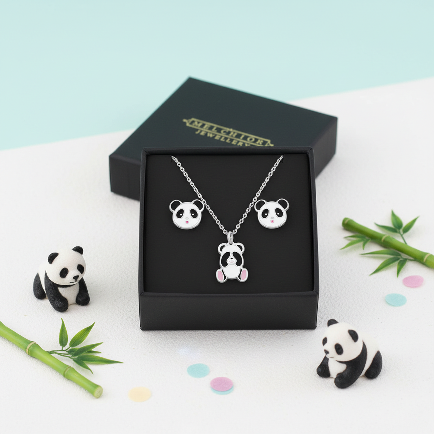 Melchior Jewellery panda stud earrings and necklace gift set for children with panda design in black box