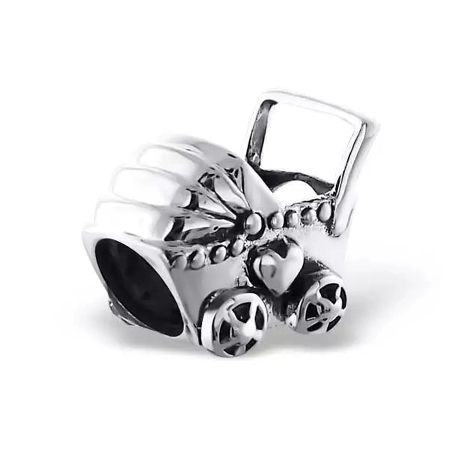 Melchior Jewellery silver charm bead shaped like a baby pram with heart detail pandora compatible baby pram bead