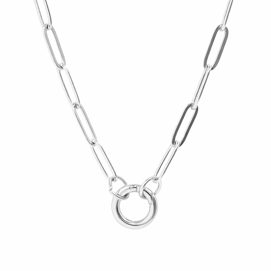Silver Melchior Jewellery paperclip charm holder chain necklace with elongated links and round clasp