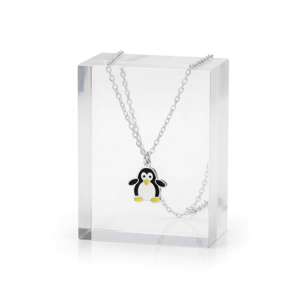 Melchior Jewellery silver chain penguin necklace with black and white enamel penguin pendant and yellow feet detail