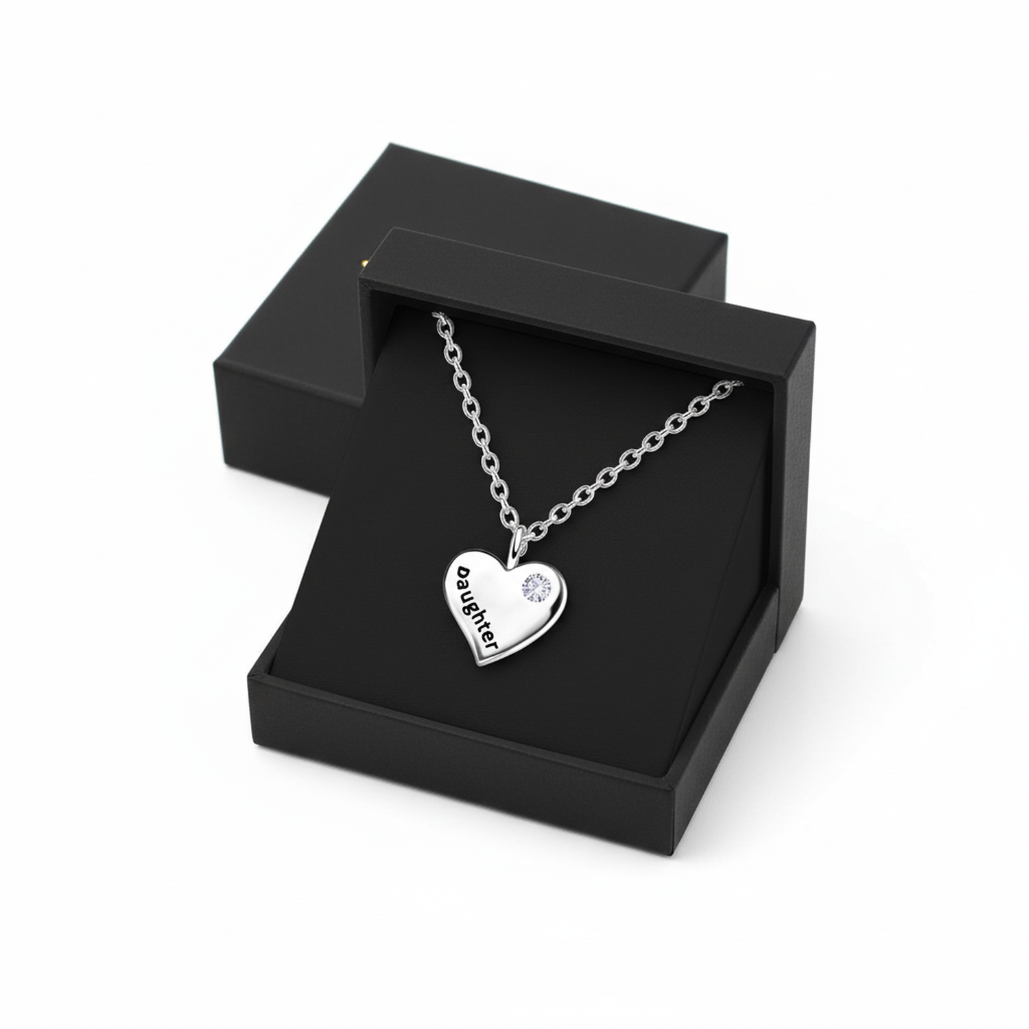 Melchior Jewellery personalised silver heart pendant with diamond detail in a personalised daughter necklace gift box
