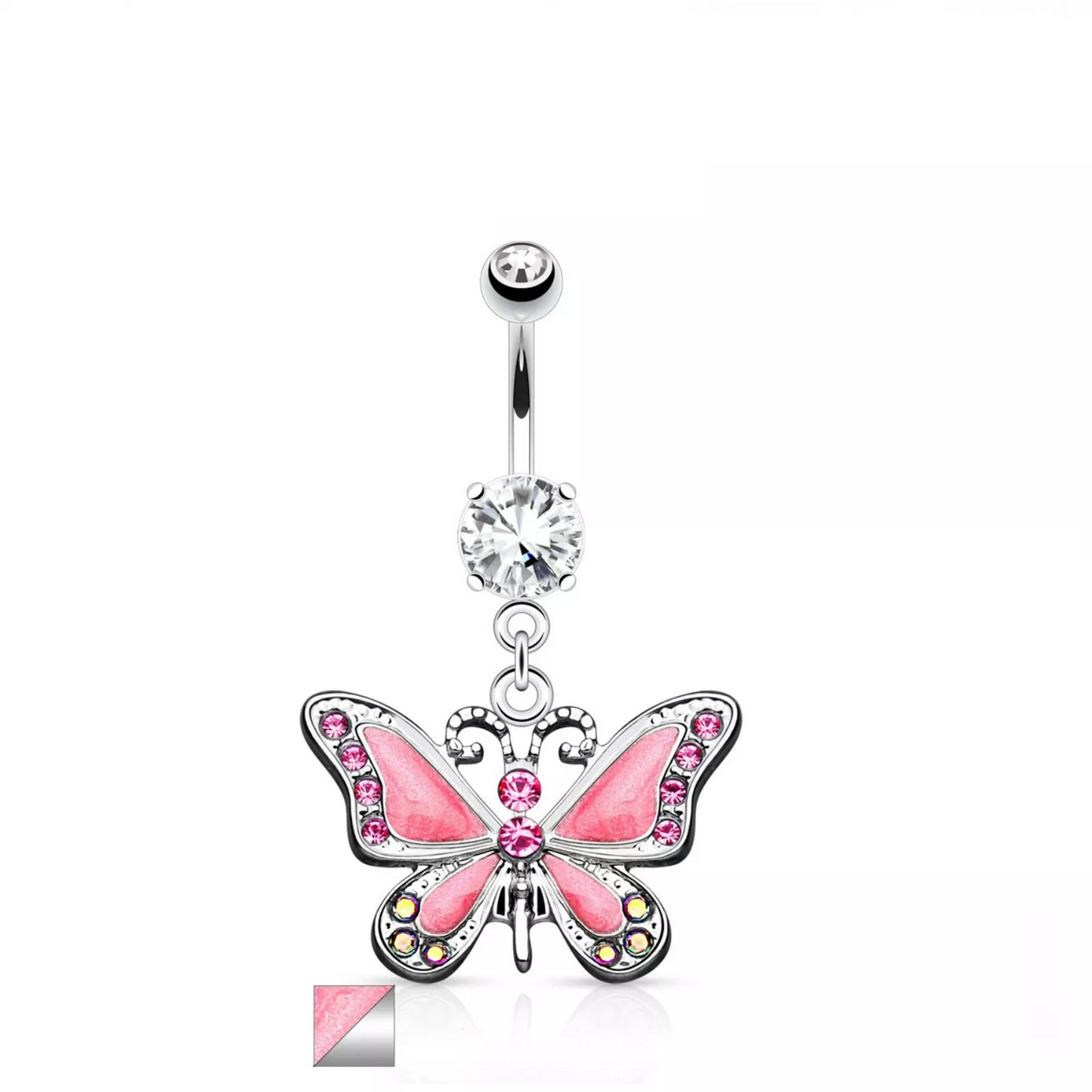 Melchior Jewellery pink butterfly belly bar with pink and clear stones body jewellery