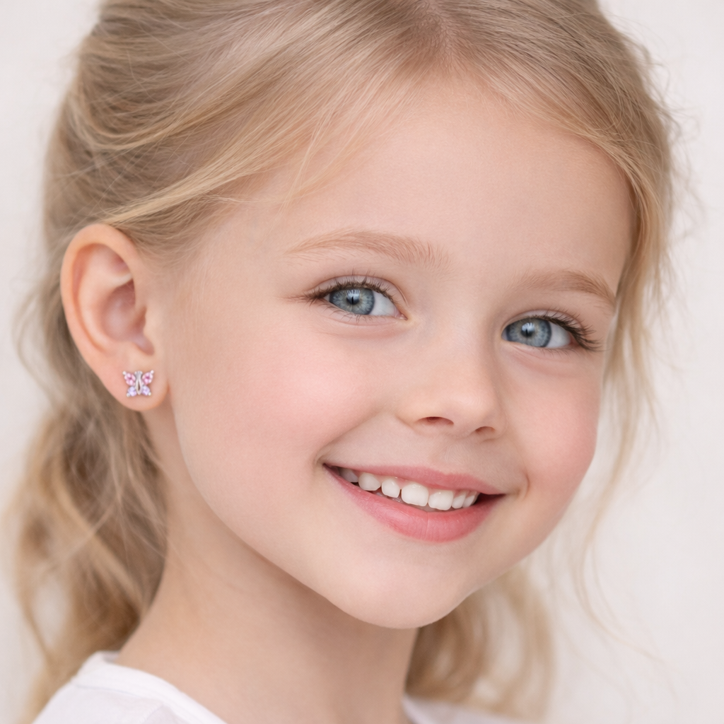 Smiling child wearing pink butterfly screw back earrings for kids by Melchior Jewellery