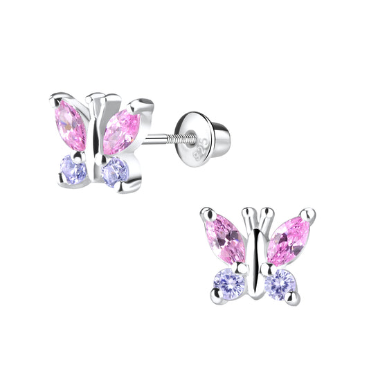 Melchior Jewellery pink butterfly screw back earrings for kids with silver setting and purple and pink stones