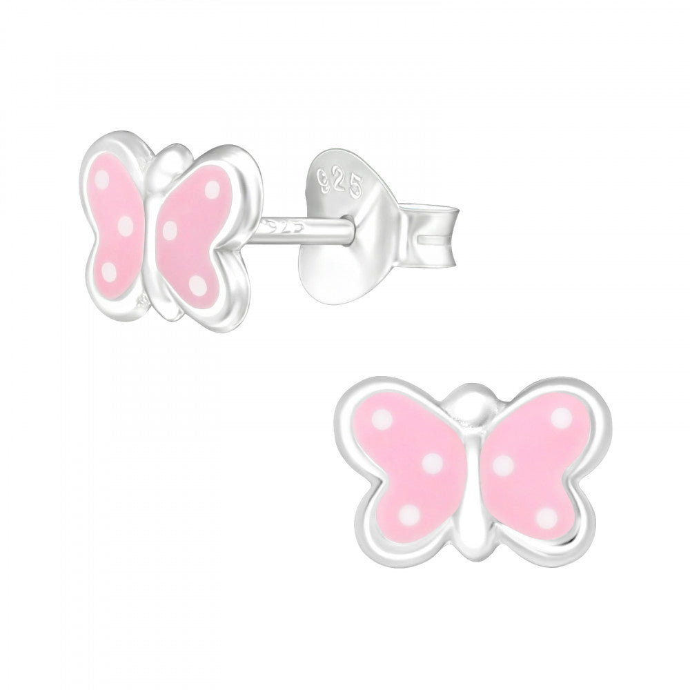 Melchior Jewellery pink butterfly stud earrings for girls in silver with polka dot wings