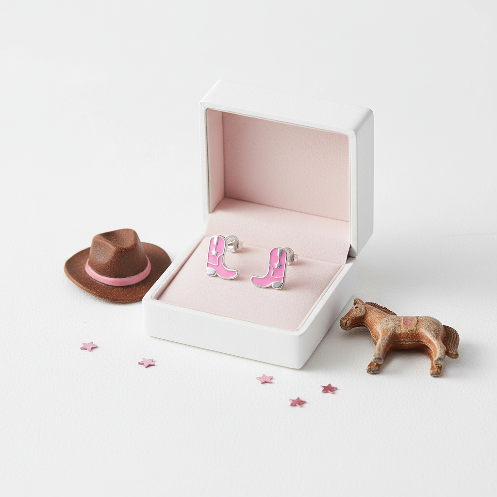 Pink cowboy boots stud earrings for children displayed in white box with cowboy hat and horse toys