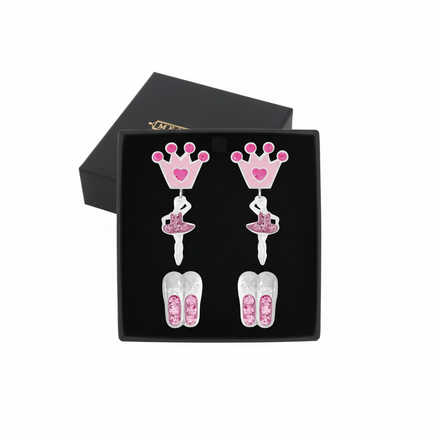 Melchior Jewellery childrens pink crown ballet shoes earrings set in black gift box
